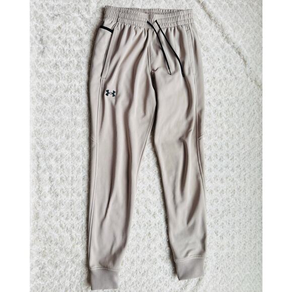 Under Armour UA Mens Fleece Loose Coldgear Sand Tan Beige Joggers Pants Sz Small - Picture 1 of 14